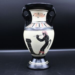 Vintage Greek Design Terra Cotta Pottery Vase Hand Painted Details Side Handles